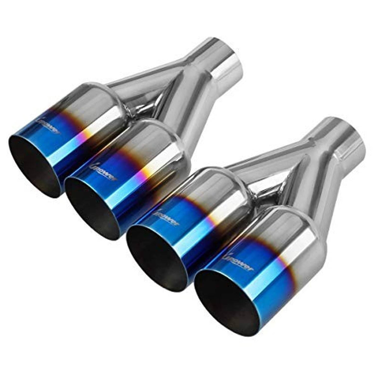 Dual exhaust tips with silver pipes and blue-purple burnt sleeves, two round black exhaust ends