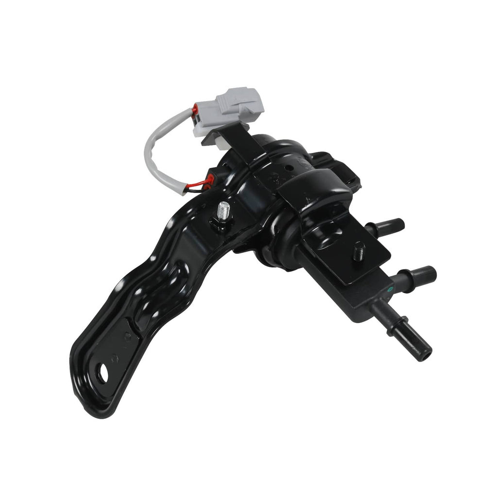 Black fuel tank reservoir valve assembly with long arm bracket and wiring harness