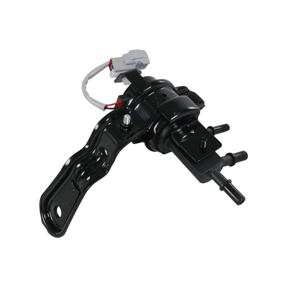 Black fuel tank reservoir valve assembly with long arm bracket and wiring harness