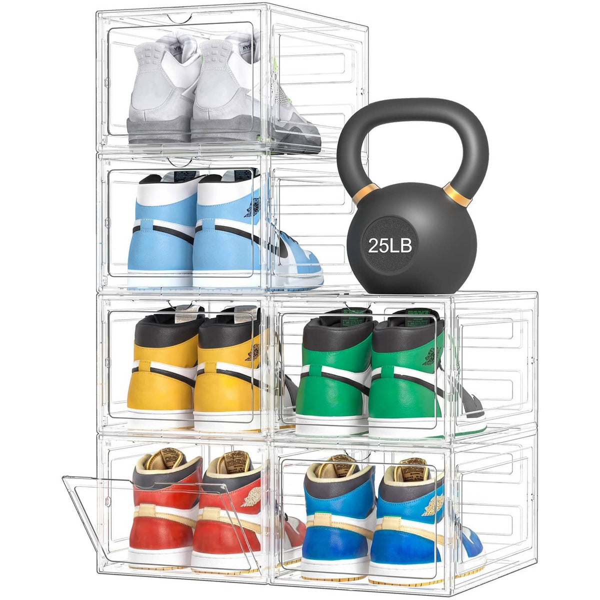 Clear stackable shoe storage boxes with transparent doors, holding pairs of shoes