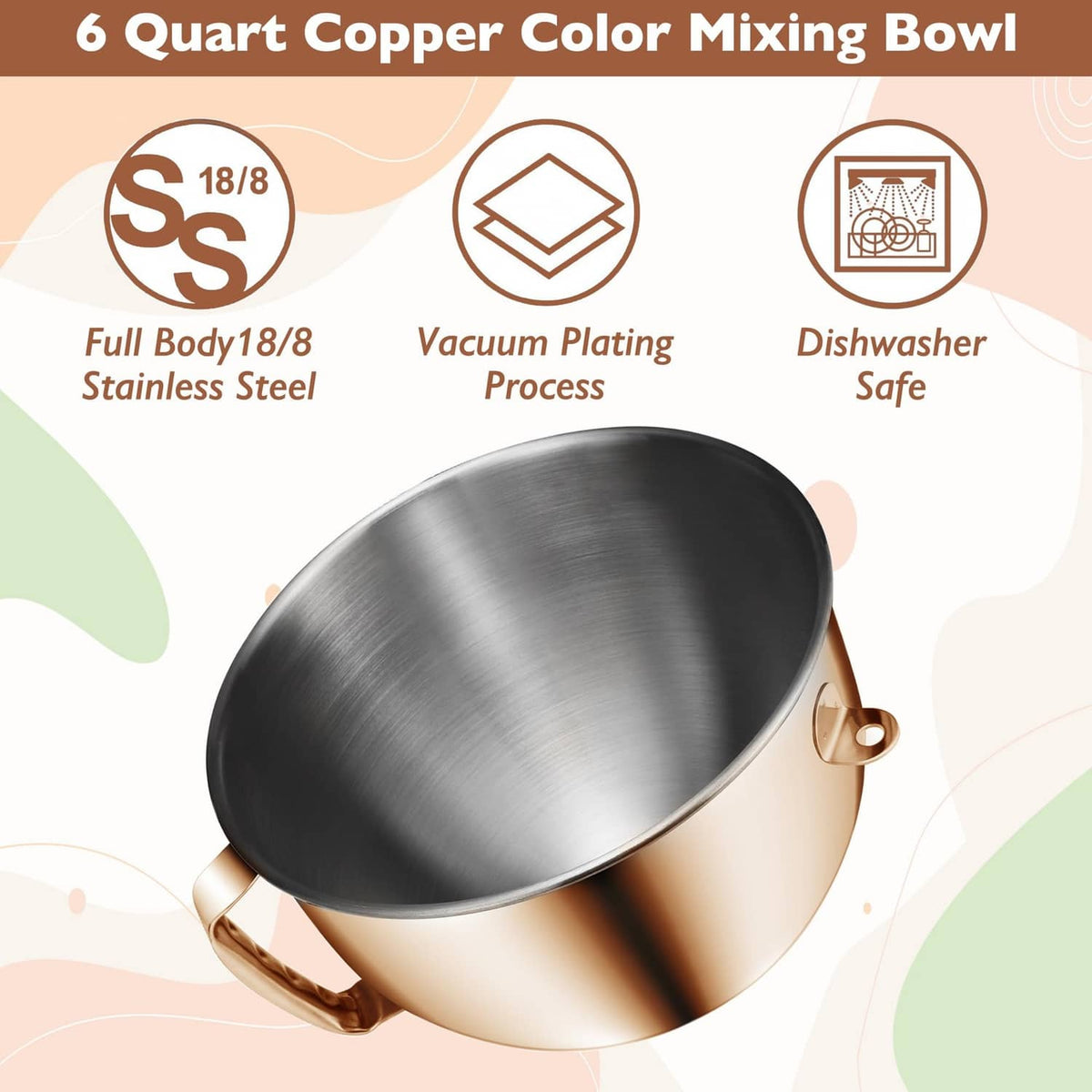 Copper 6-quart stainless mixing bowl with black interior and side handles