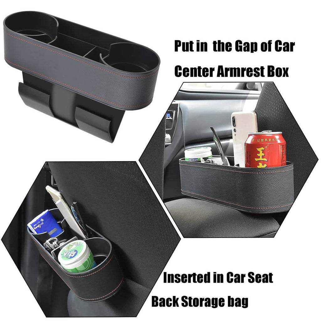 Black armrest box organizer with two cup holders and red-stitched trim