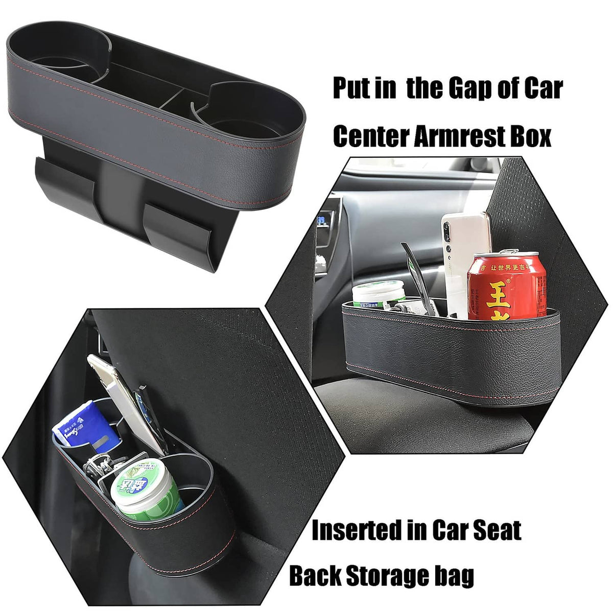 Black armrest box organizer with two cup holders and red-stitched trim
