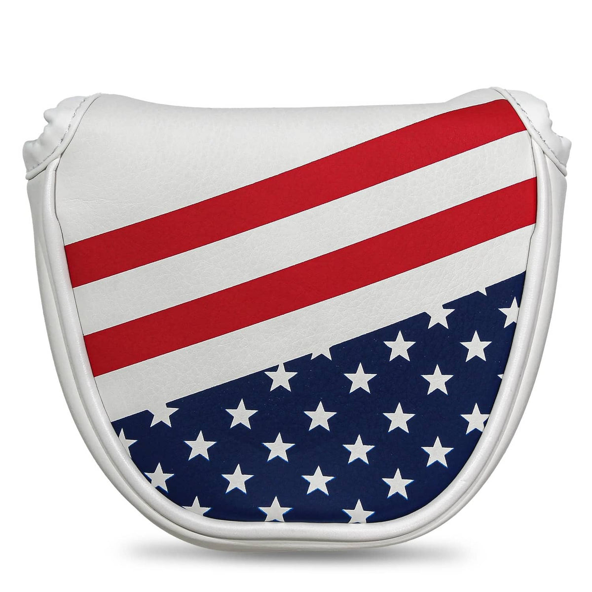 White mallet golf putter head cover with red stripes and blue star panel, padded top
