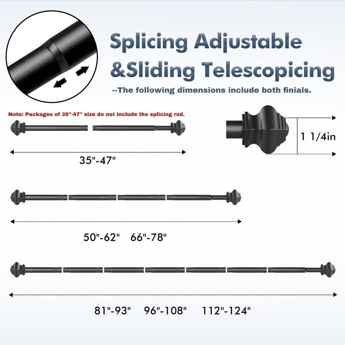 Matte black adjustable telescoping curtain rod length diagram with finials