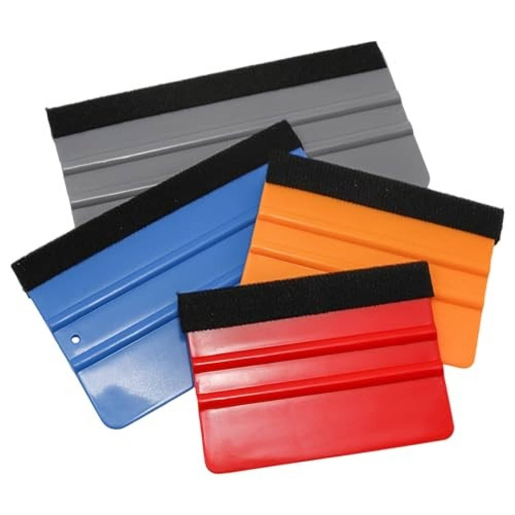 4 felt-edge squeegee scrapers with black strips in gray backing, plus blue, orange, and red
