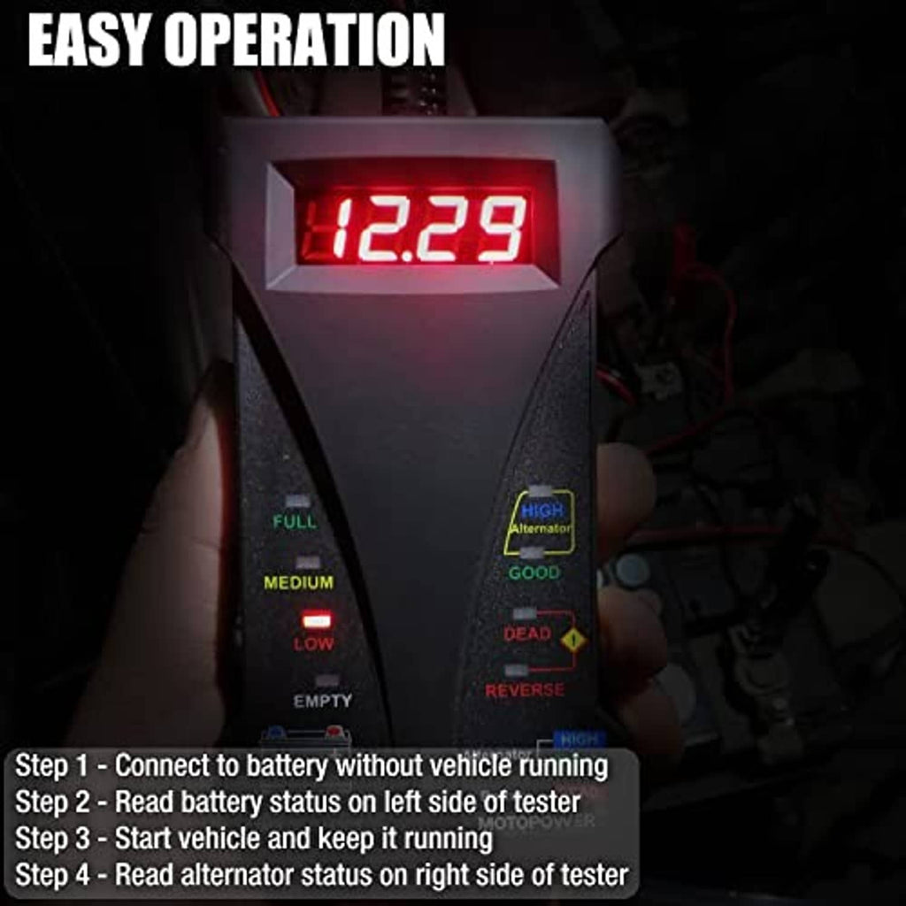 12V battery tester with red LED voltage display and red/black clamp leads