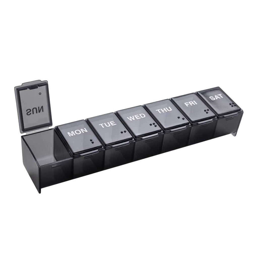 Weekly 7-day pill organizer with dark compartments labeled Mon through Sun, hinged lids