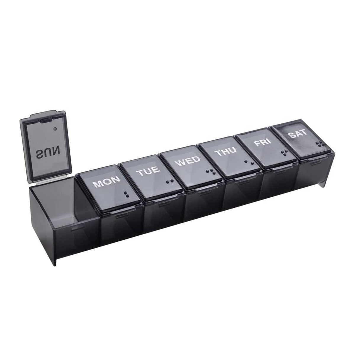 Weekly 7-day pill organizer with dark compartments labeled Mon through Sun, hinged lids