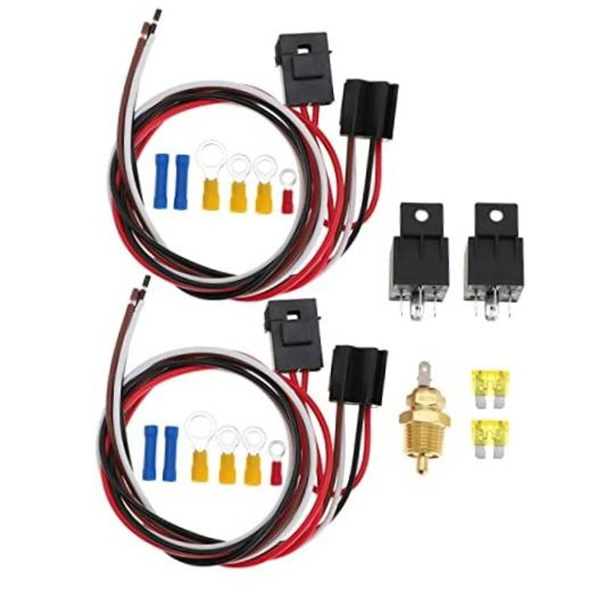 Dual fan relay kit set with two wiring harnesses, relays, and temperature sensor pieces
