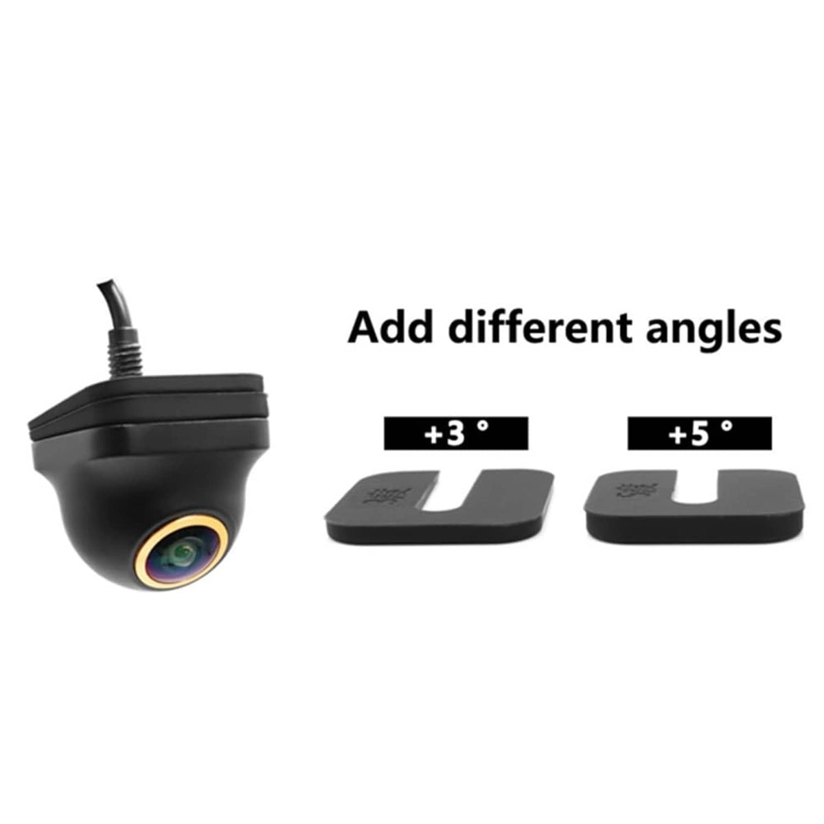 Black dome backup camera with two adjustable mount bases and cable