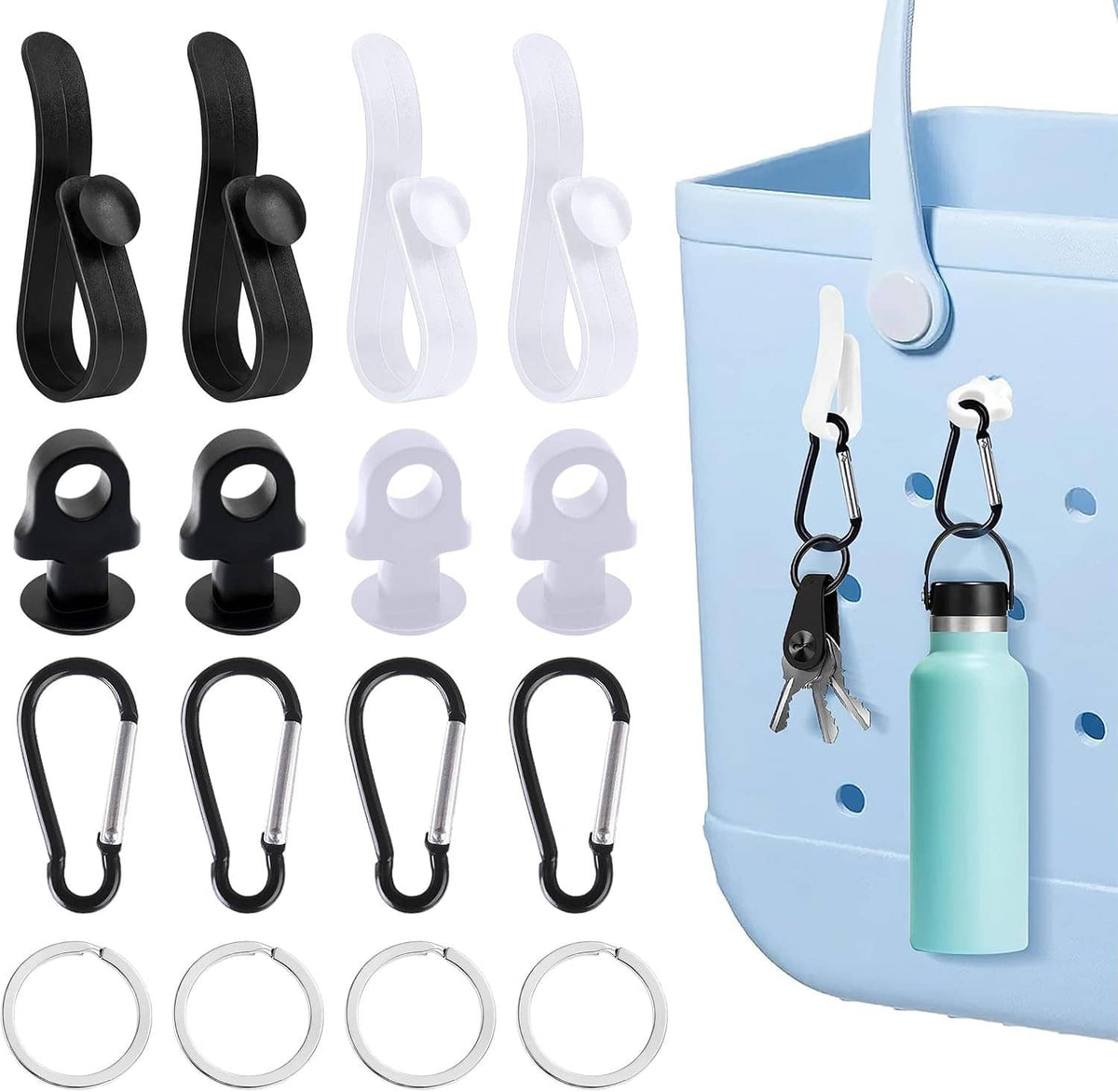 12-piece bag hook set in black/white with carabiner key holders and key rings