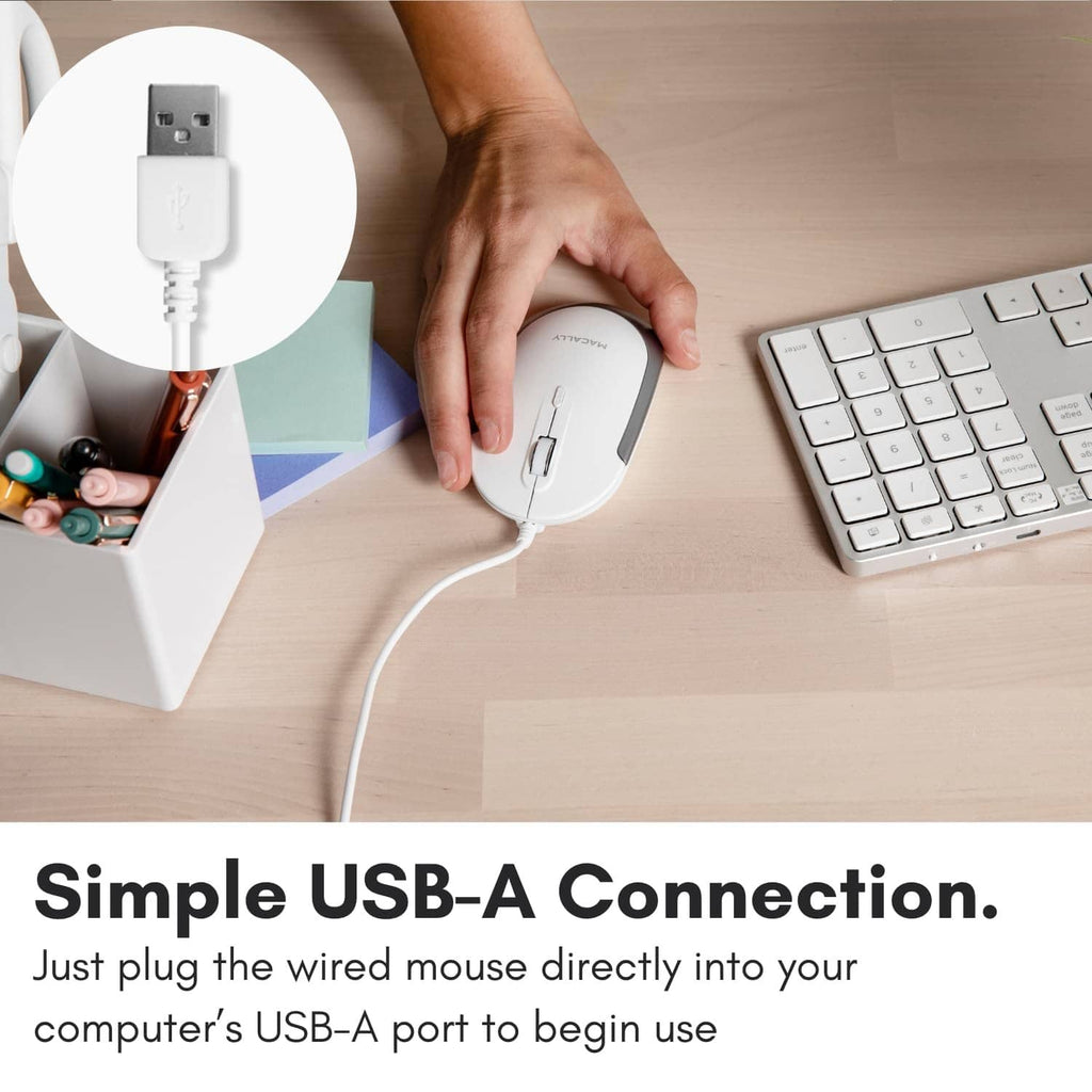 Wired USB-A computer mouse with cord connected for use