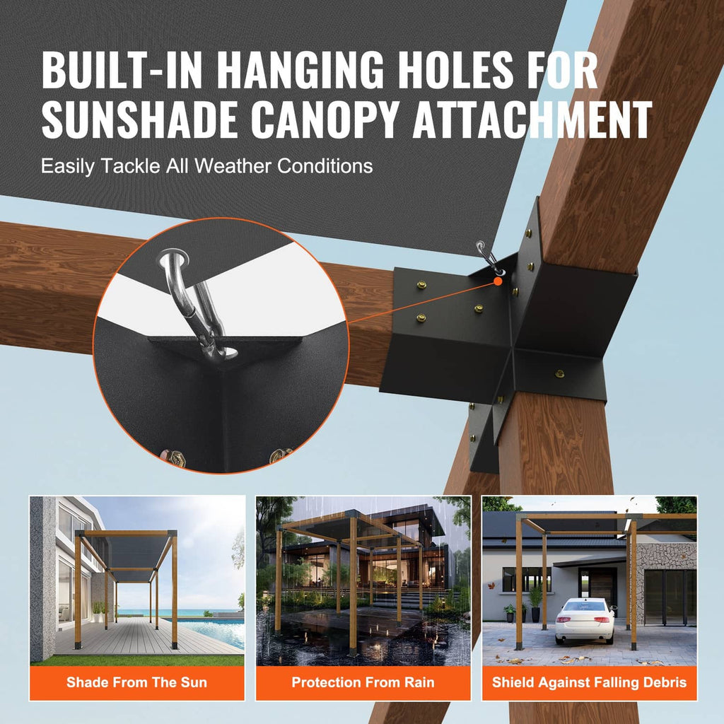 Black 4-way pergola corner bracket with built-in hanging holes for canopy attachment