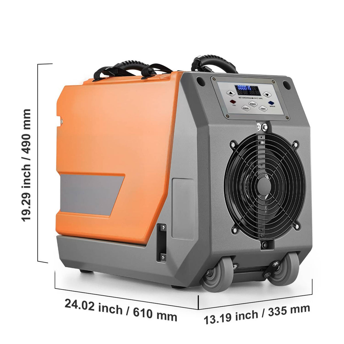 Orange and gray commercial dehumidifier with pump, front control panel and fan