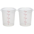 Set of two 4-qt plastic food storage buckets with lids and red quart measurement marks.