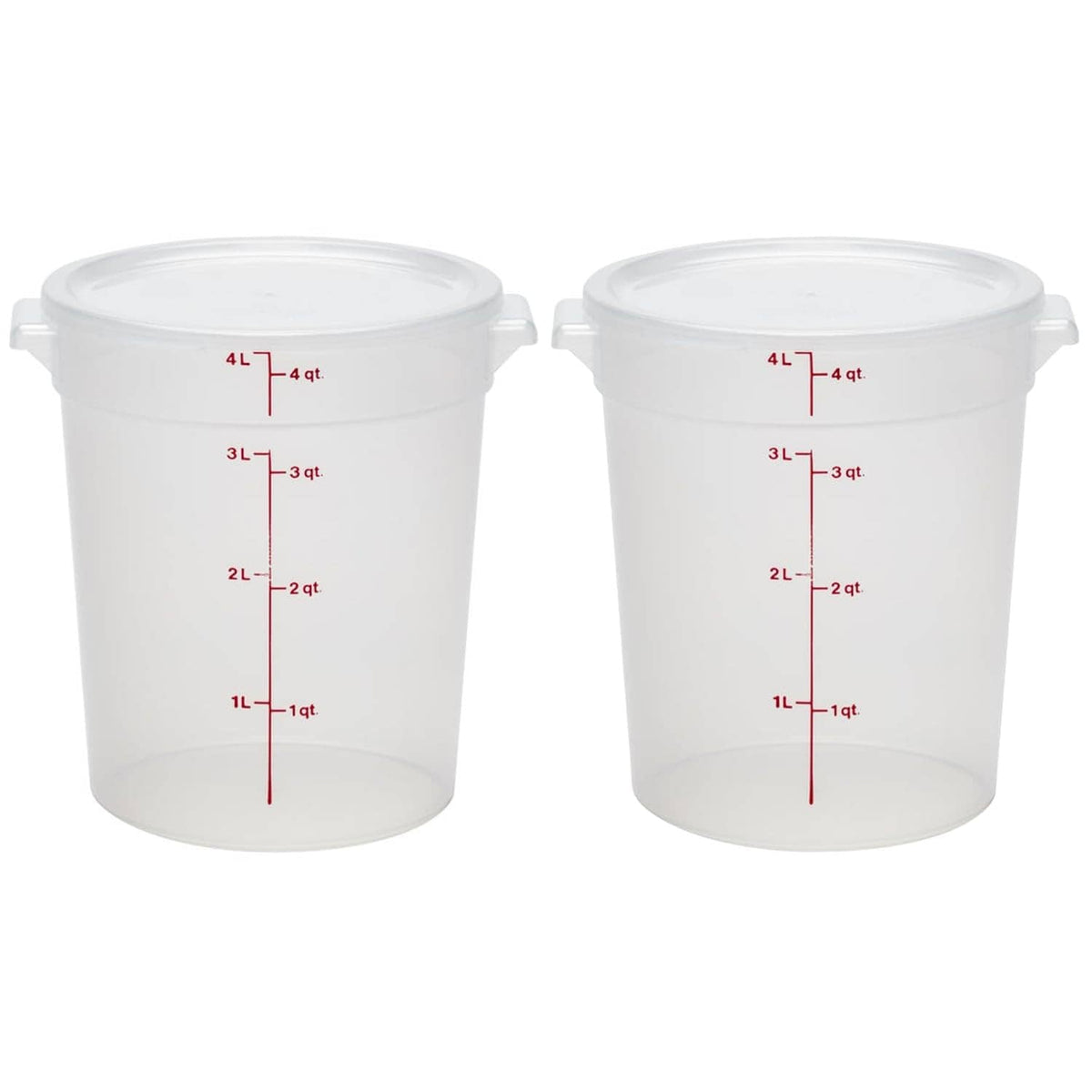 Set of two 4-qt plastic food storage buckets with lids and red quart measurement marks.