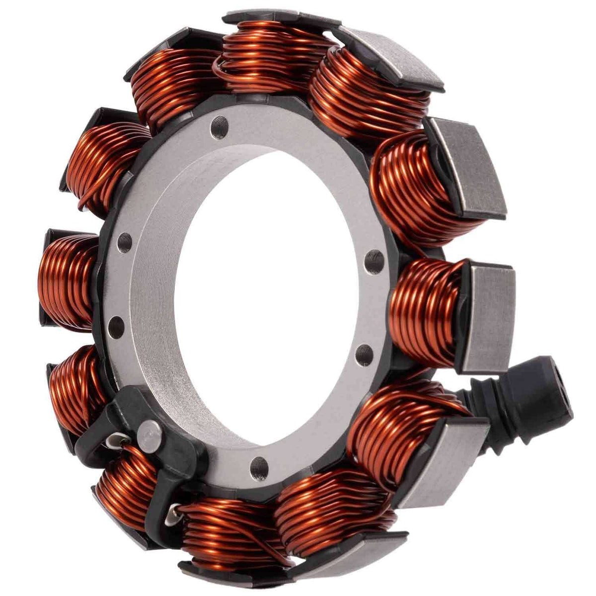 Motorcycle stator ring with copper coil windings and aluminum mounting brackets