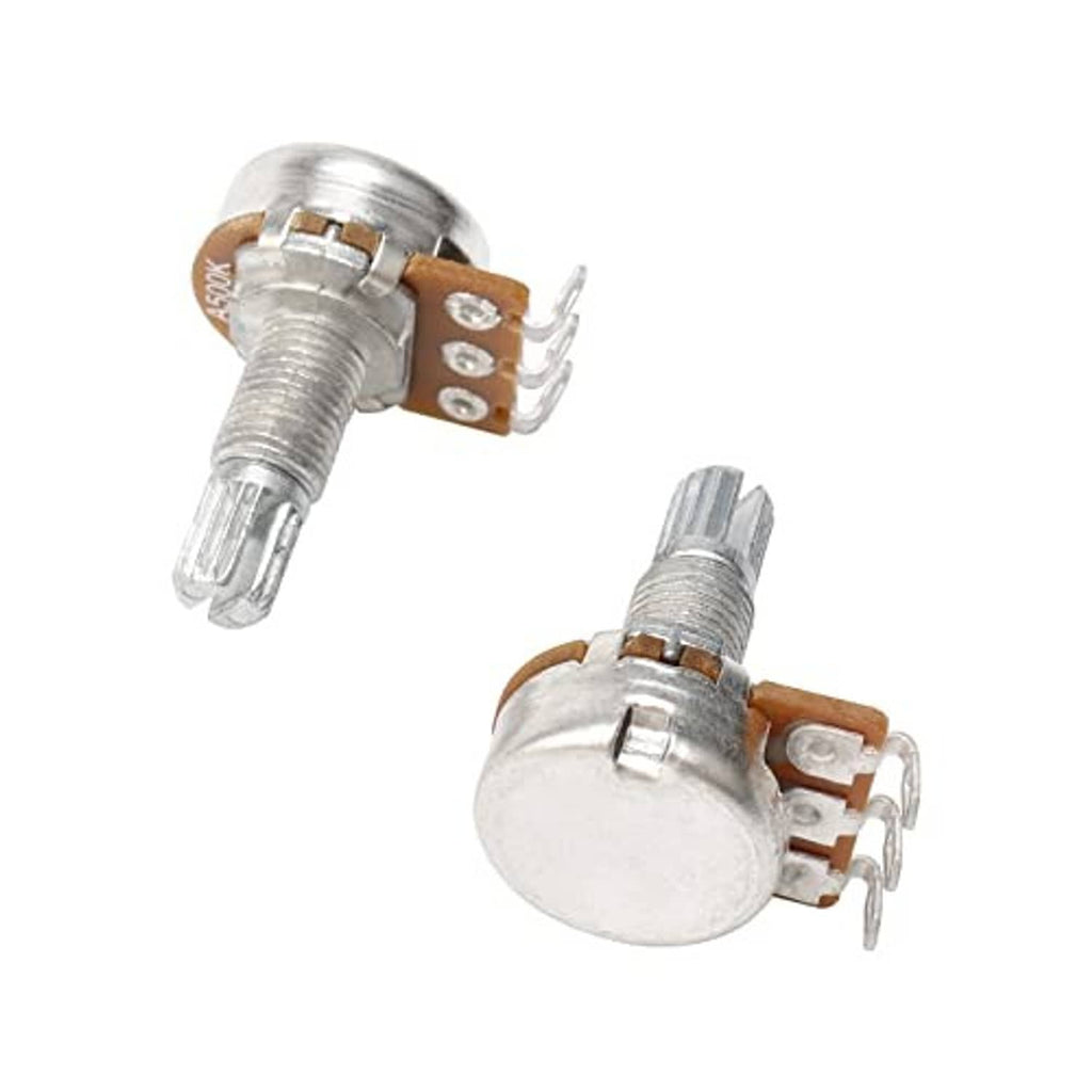 Split-shaft guitar potentiometer with metal housing, copper contact, and mounting lugs