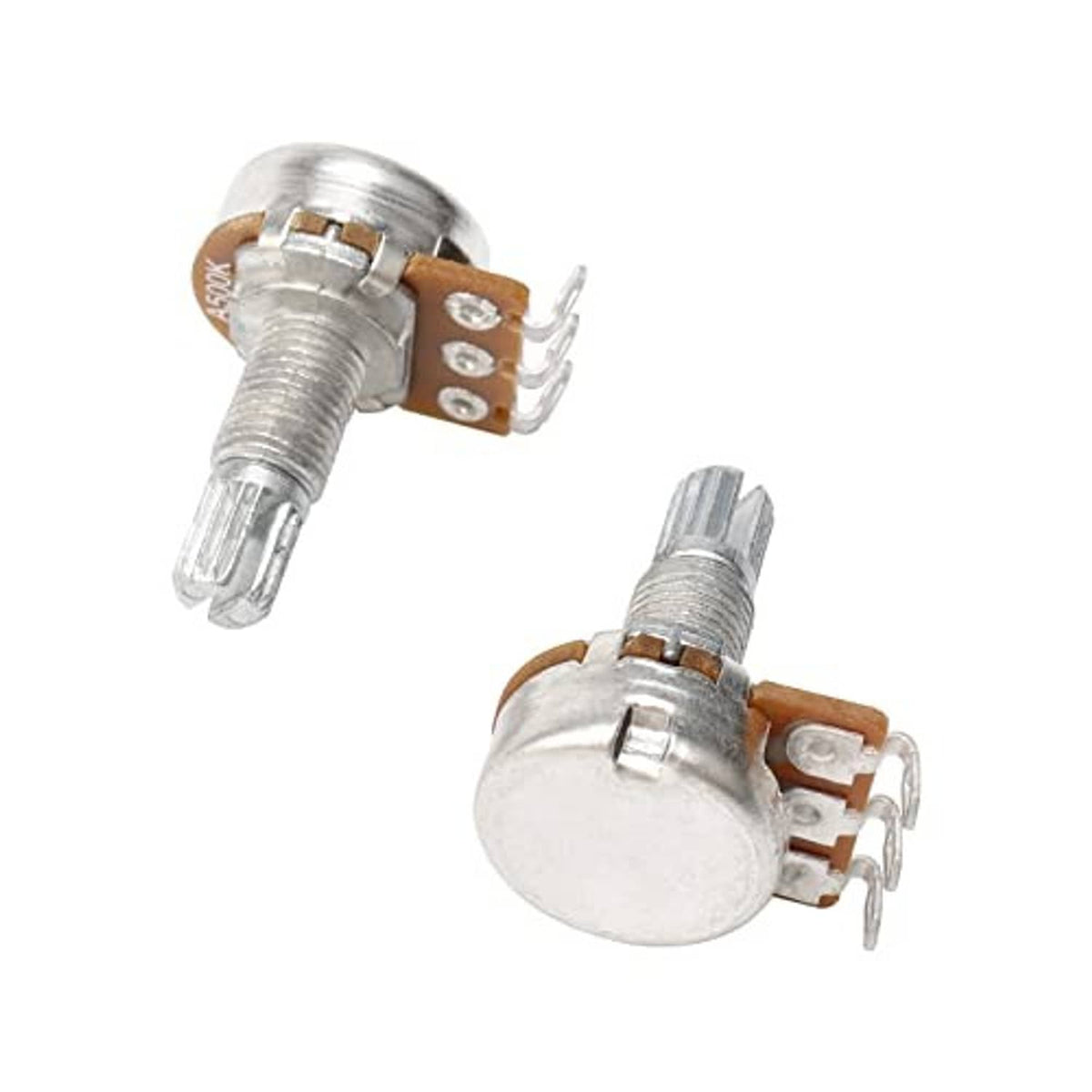 Split-shaft guitar potentiometer with metal housing, copper contact, and mounting lugs