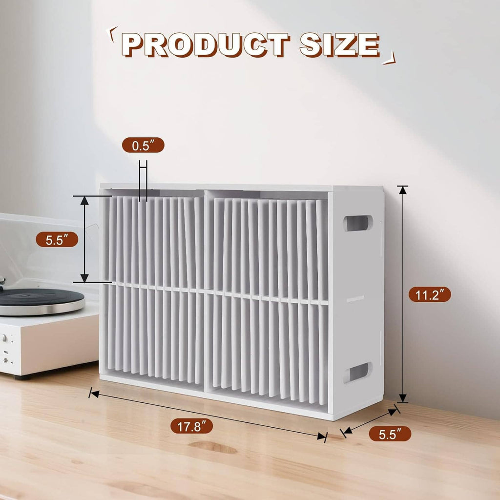White CD display rack with slotted shelves and side handles, two-row jewel case organizer