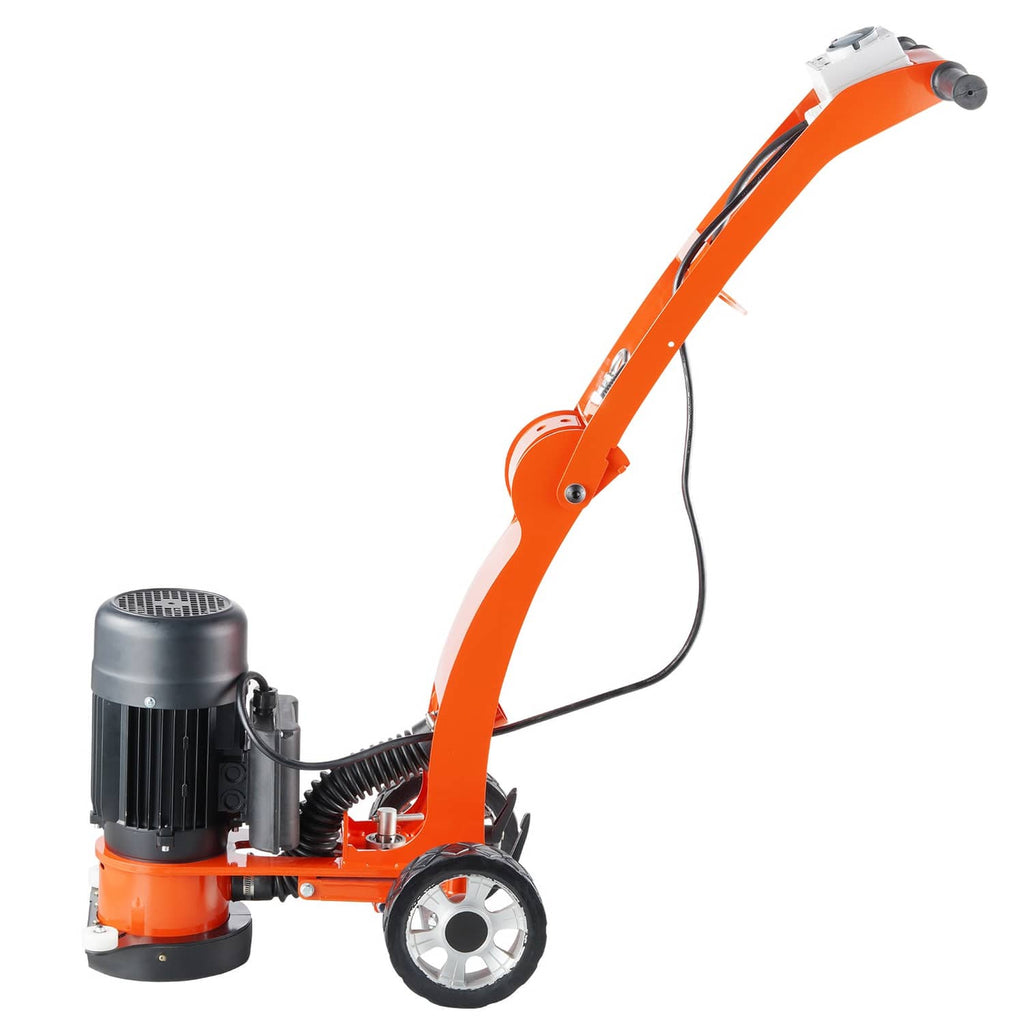 Orange walk-behind concrete grinder with side view of motor, wheels, and handle