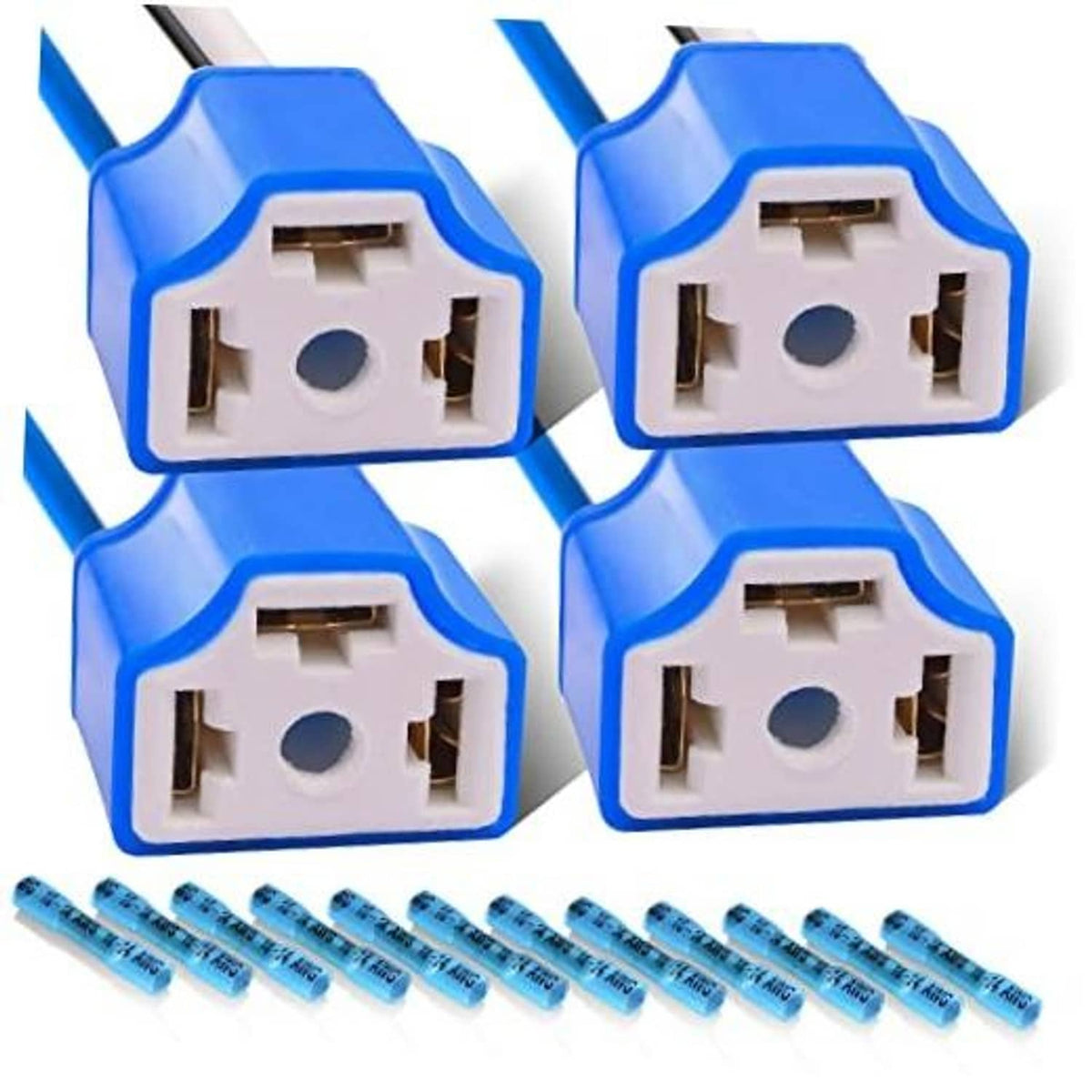 Headlight wiring harness plug set with 4 blue sockets and white terminal inserts