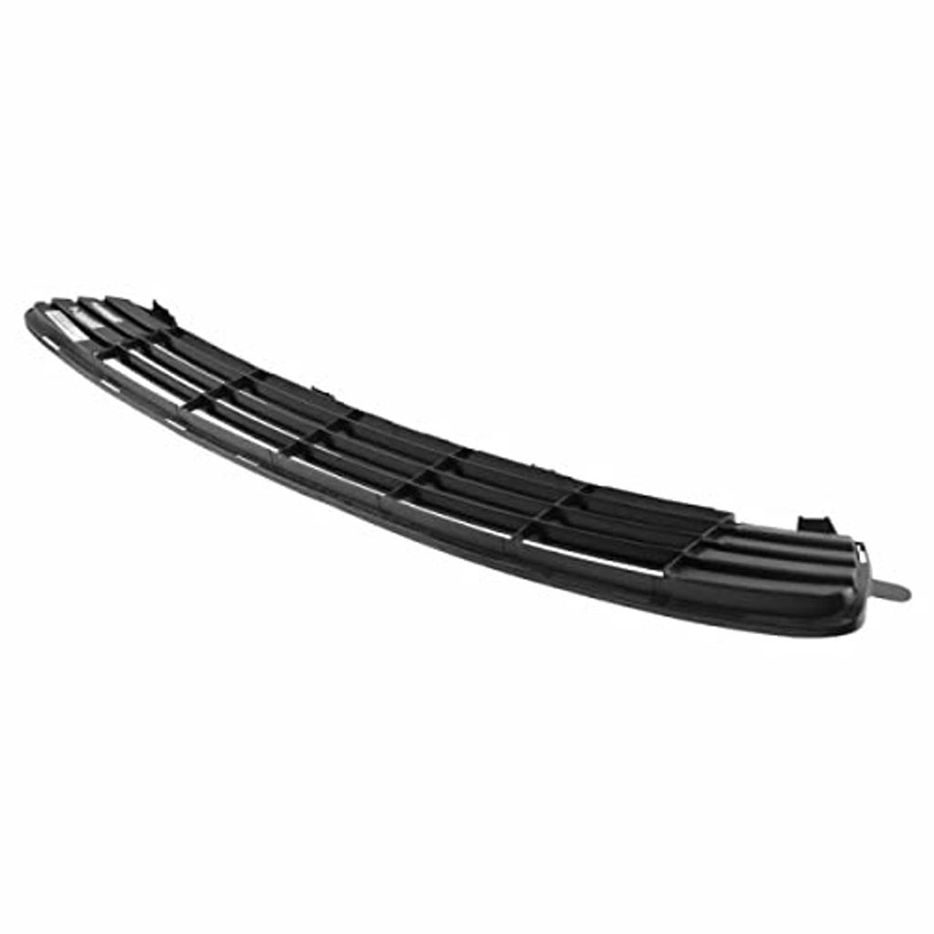 Black front bumper grille with silver horizontal bars and end caps