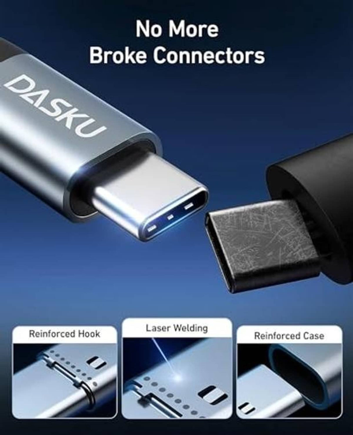 Close-up of black braided USB-C to USB-C cable ends with metallic USB-C connectors