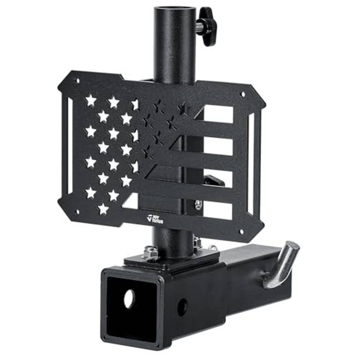 Black hitch receiver flag pole holder with upright pole mount and stars panel