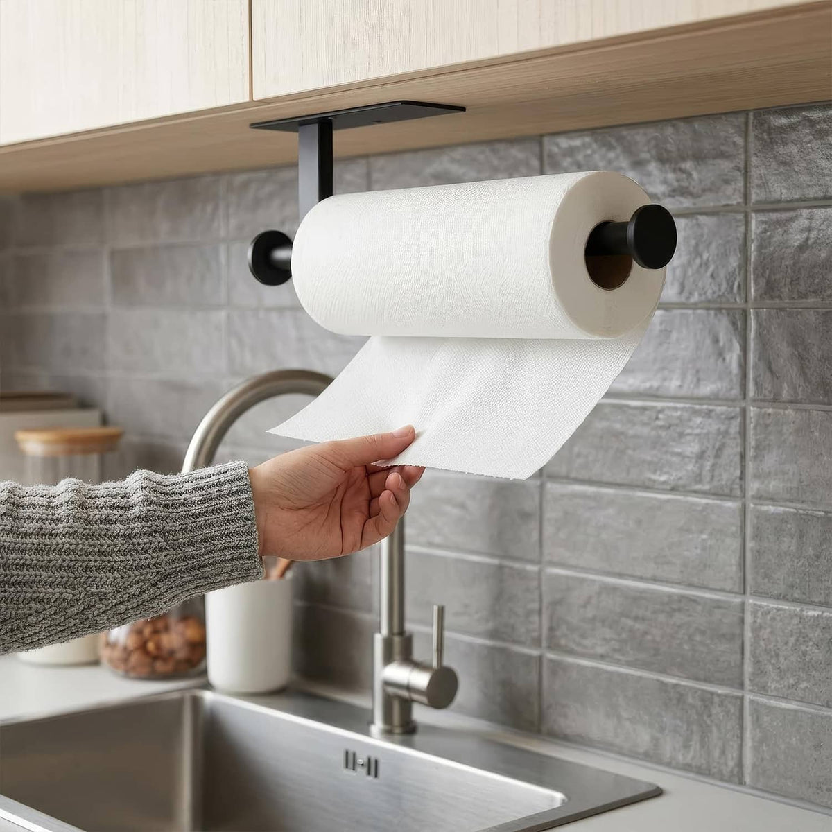 Close-up of a black wall-mounted paper towel holder holding a white paper roll