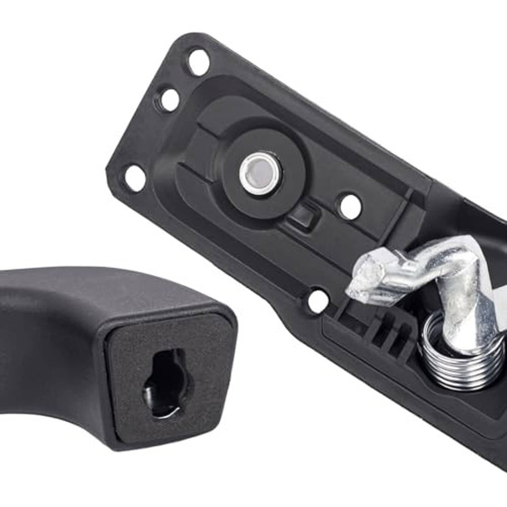 Black inside door handle lever with mounting bracket and spring-loaded metal screw stud