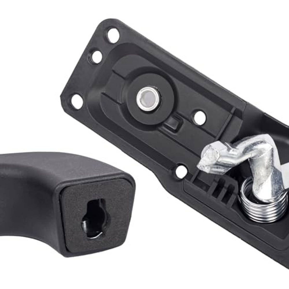 Black inside door handle lever with mounting bracket and spring-loaded metal screw stud