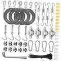 Complete sun shade sail hardware set: rope coils, hooks, plates, clips, and mounting parts