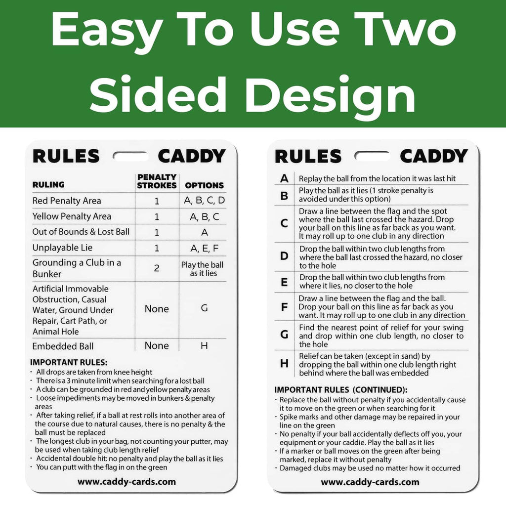 Two-sided golf rules quick reference cards in plastic sleeve, Easy To Use layout
