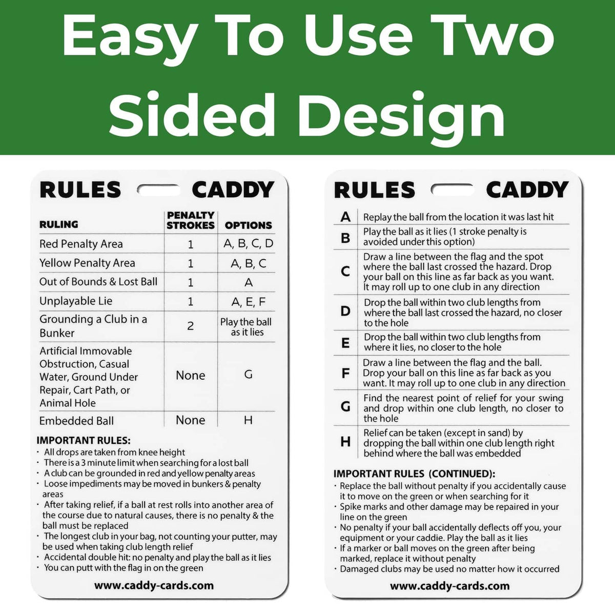 Two-sided golf rules quick reference cards in plastic sleeve, Easy To Use layout