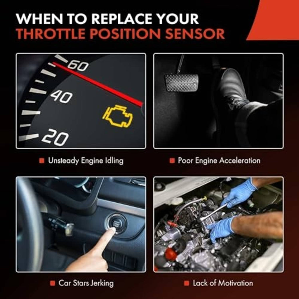 Throttle position sensor replacement warning graphic with gauge and engine icons