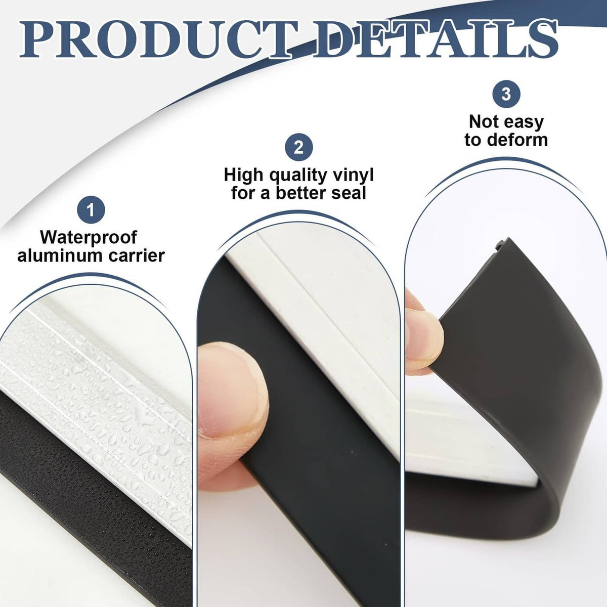 Door sweep details: black vinyl seal on silver waterproof aluminum carrier