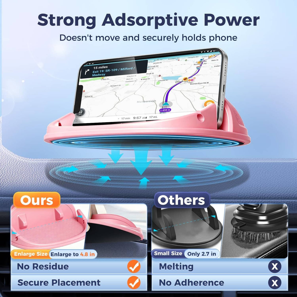 Pink dashboard phone holder with a phone seated in a shallow silicone tray