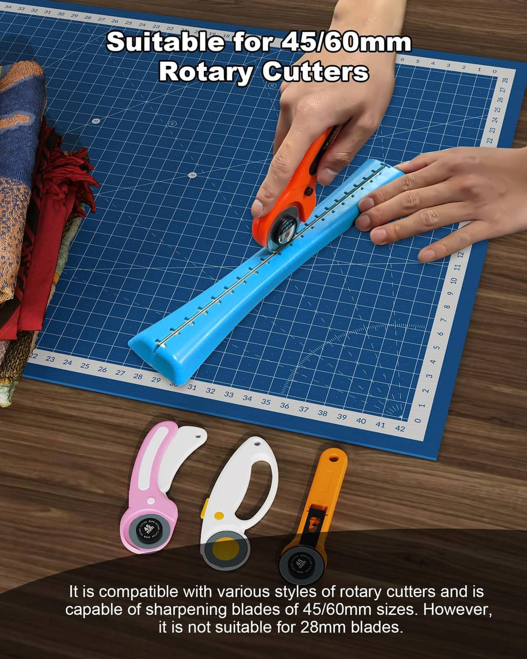 Orange rotary cutter sharpening on a blue linear guide with measurement markings.