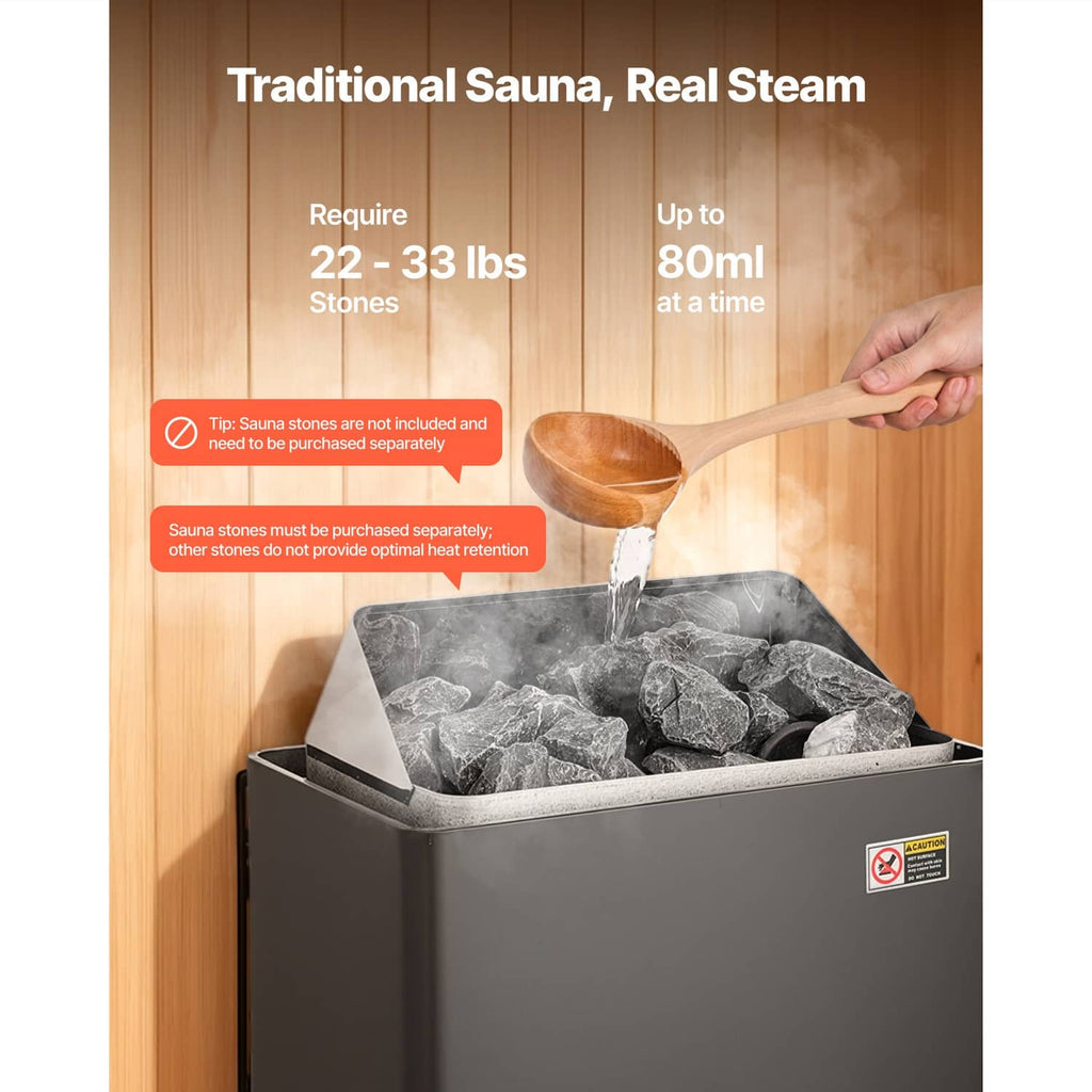 Sauna heater with dark gray box and open stone compartment