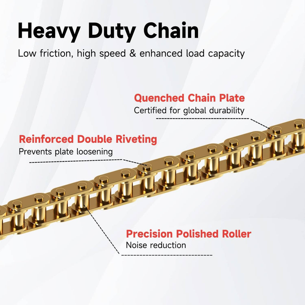 Gold drive roller chain, side view of polished links and plates