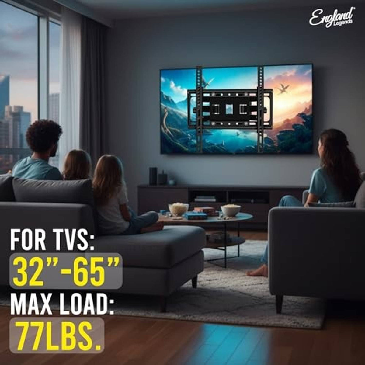 Full motion TV wall mount installed on wall holding a flat-screen TV display