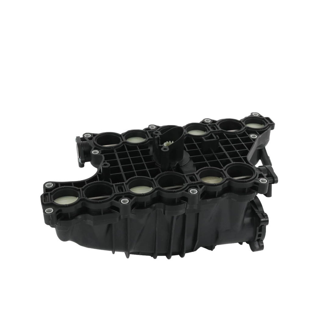Black intake manifold housing with vertical ribs and multiple round openings