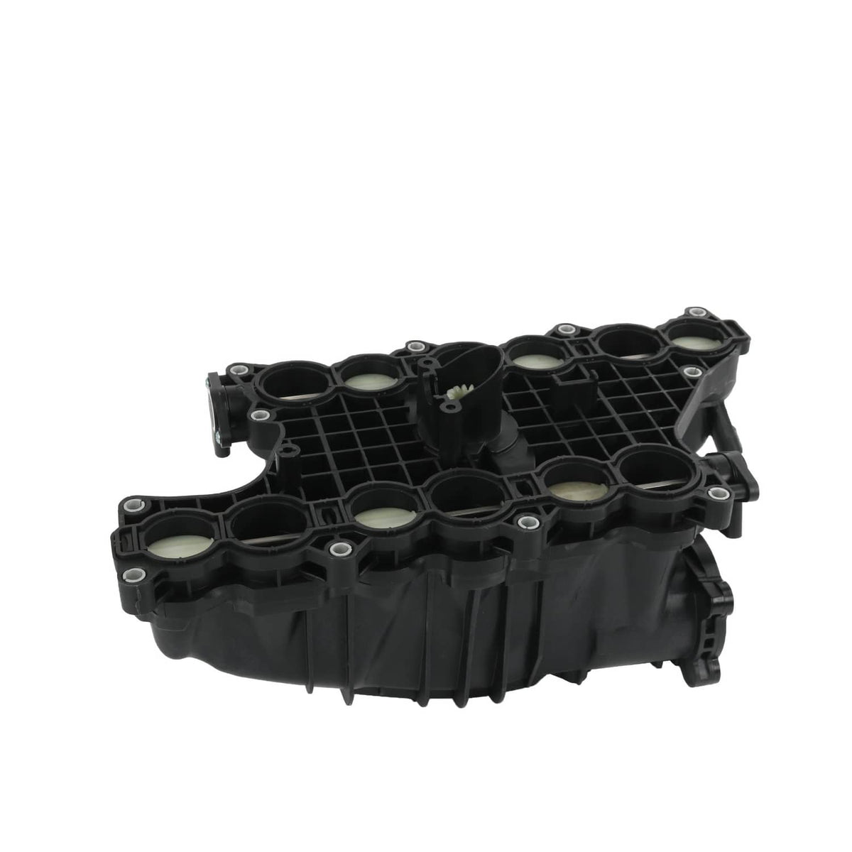 Black intake manifold housing with vertical ribs and multiple round openings