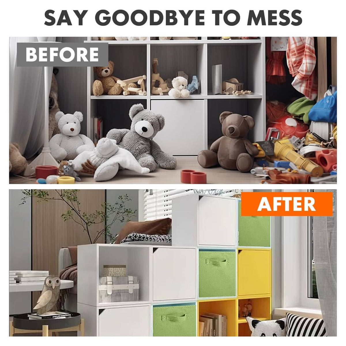 Green fabric storage cubes with pull handles for organizing stuffed toys and items