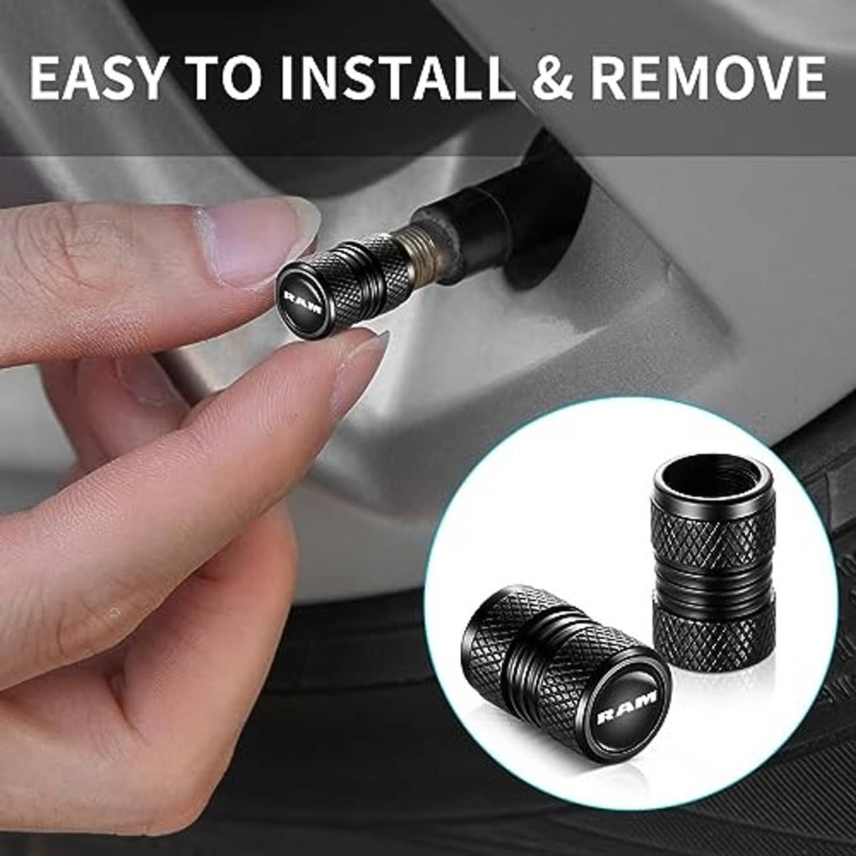 Hand installing a black RAM valve stem cap on a tire valve; knurled cap detail