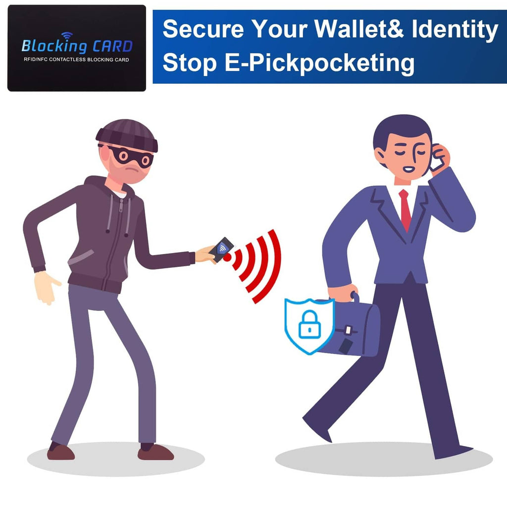 Black RFID blocking card with security shield graphic for stop e-pickpocketing
