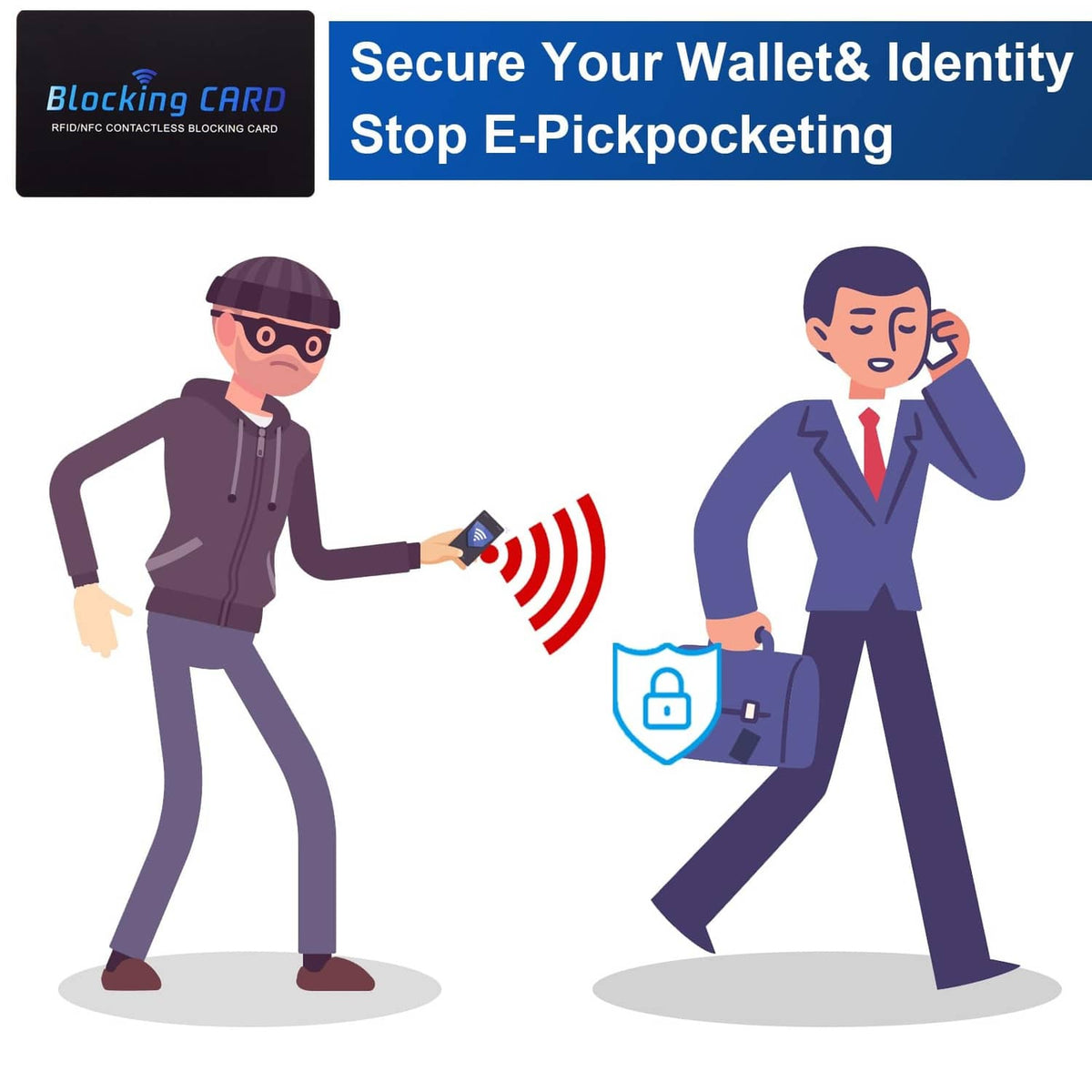 Black RFID blocking card with security shield graphic for stop e-pickpocketing