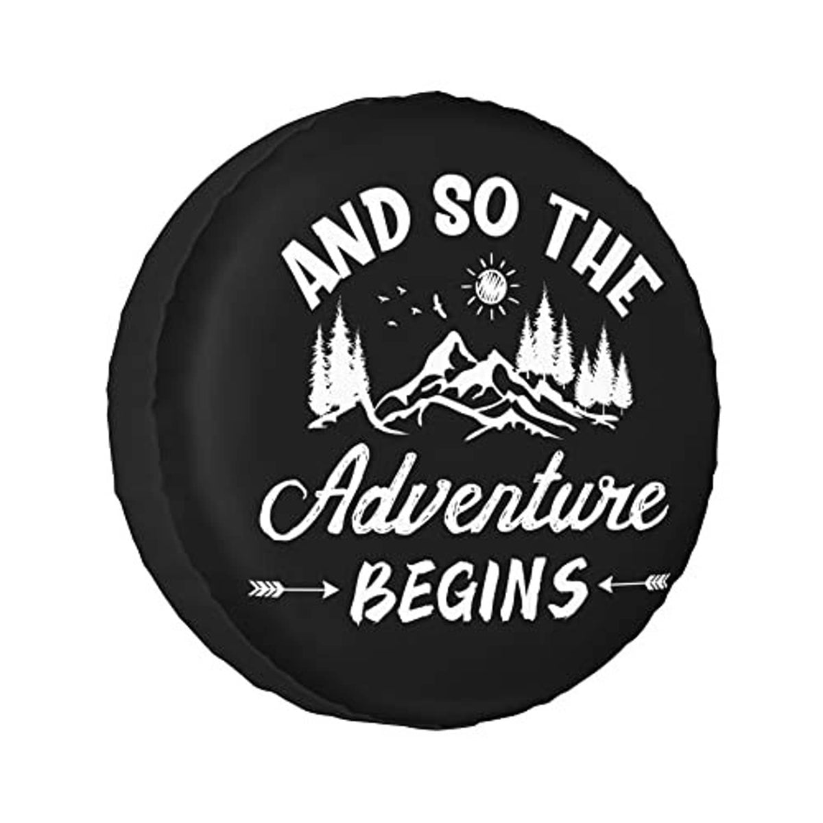 Black RV spare tire cover with circular “Adventure Begins” mountain logo